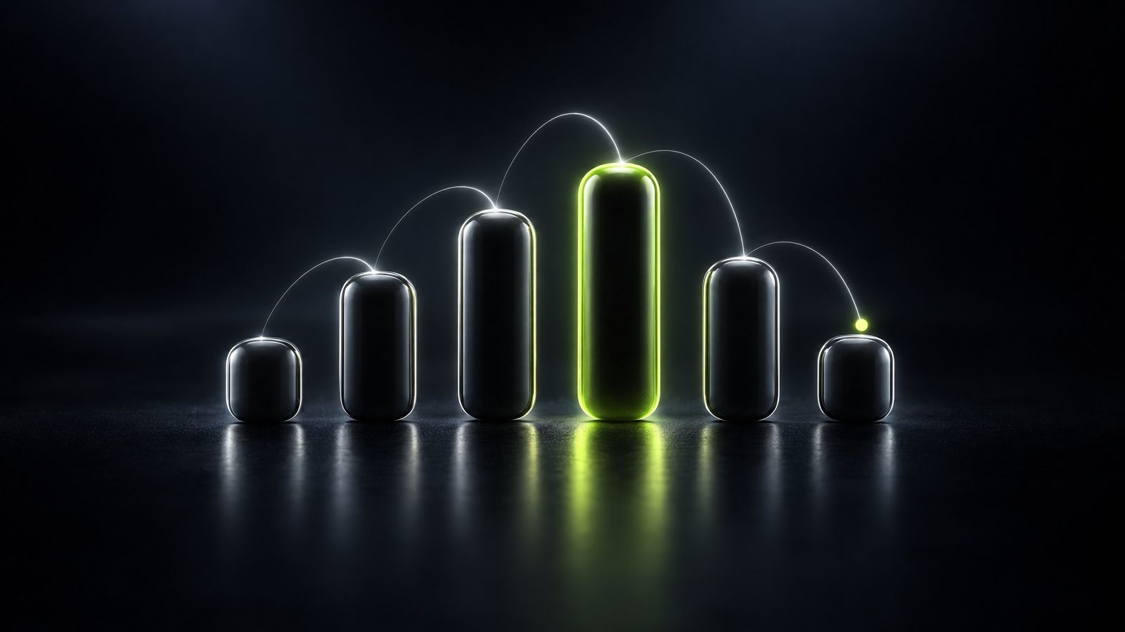 Six glossy capsules of different heights in a row, one glowing lime, like a comparison chart.